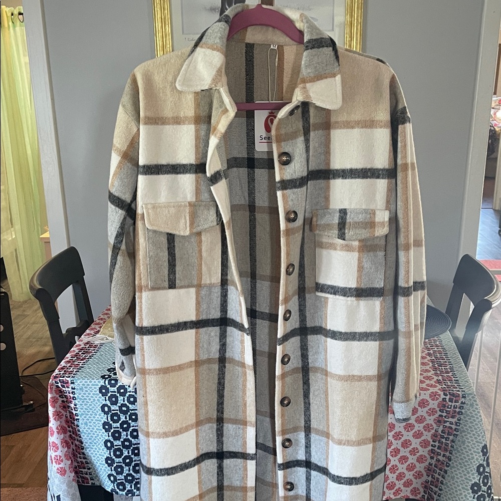 Plaid Long Button-Front Coat in Cream, Tan & Gray